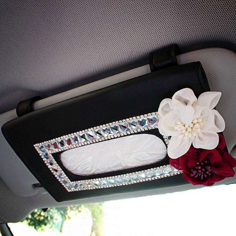 Car Sun Visor Organizer Tissue Bag with Bling Flowers - Carsoda