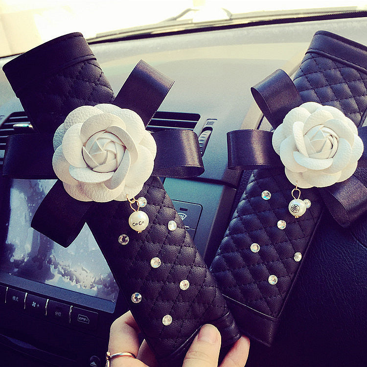Leather seat belt cover with Camellia and Rhinestones - Carsoda - 1