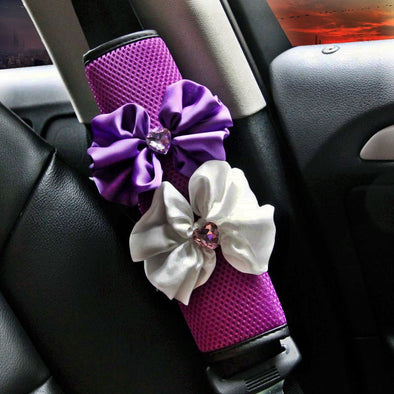 Purple Seat Belt Cover with Flower and Bling Rhinestones - Carsoda