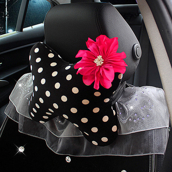 A Polka Dots Bone Shaped Car Headrest Pillow with Flower - Carsoda - 1