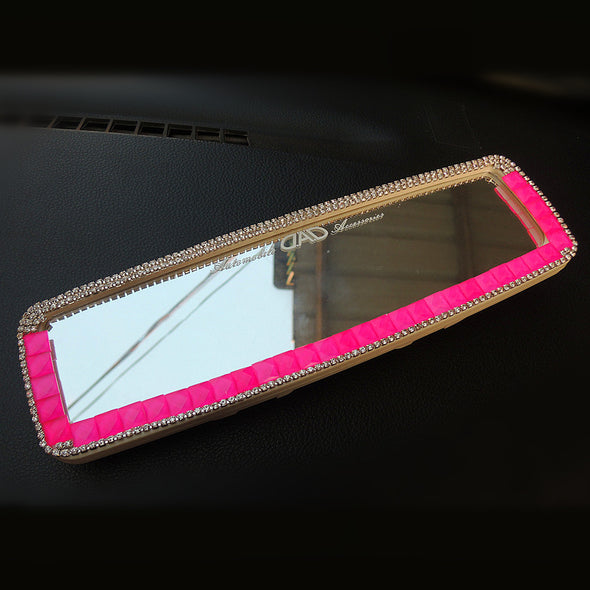 Bling Car Rear View Mirror Cover Hot Pink Rhinestones Clip-on Chrome - Carsoda
