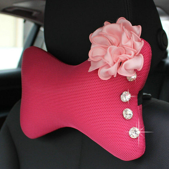 Pink Bone Shaped Car Headrest Pillow with Rhinestones and Flower - Carsoda