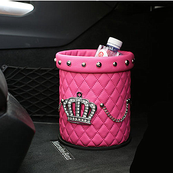 Pink Crown Leather Rhinestone Water resistant Car Trash Can – Carsoda