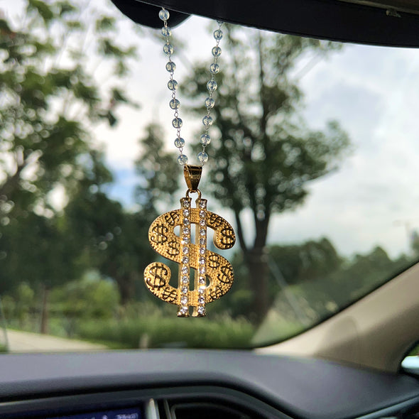 Bling Golden Cash Rhinestone Car Charm Pendant - HANDMADE  lucky Charm for Rearview Mirror