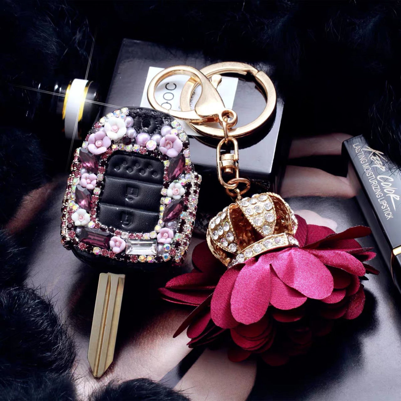 floral rhinestone car key fob cover