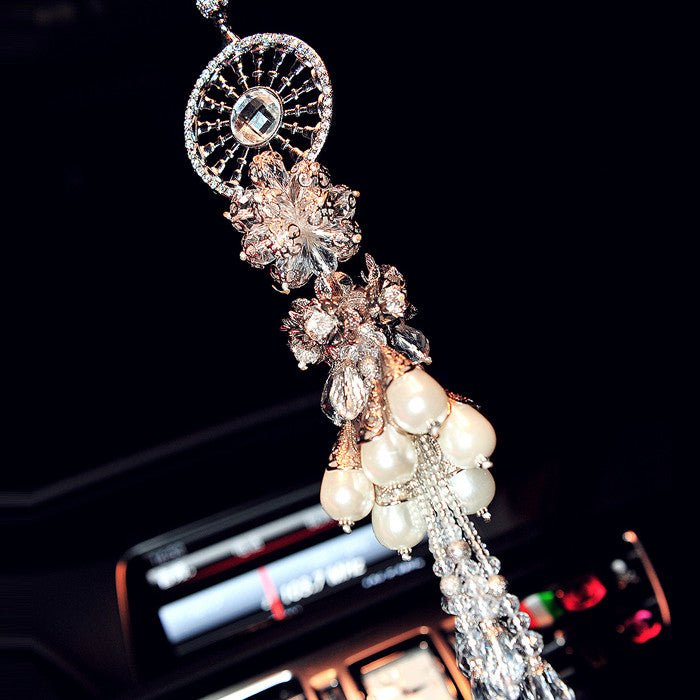 Car Charm Ornaments-Hanging Gear and Pearl Rear View Mirror Charm