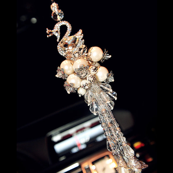 Car Charm Ornaments-Hanging Swan and Pearl Rear View Mirror Charm - Carsoda