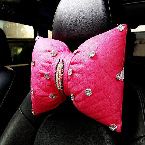 Pink Bow Shaped Headrest Pillow with Bling Rhinestones - Carsoda