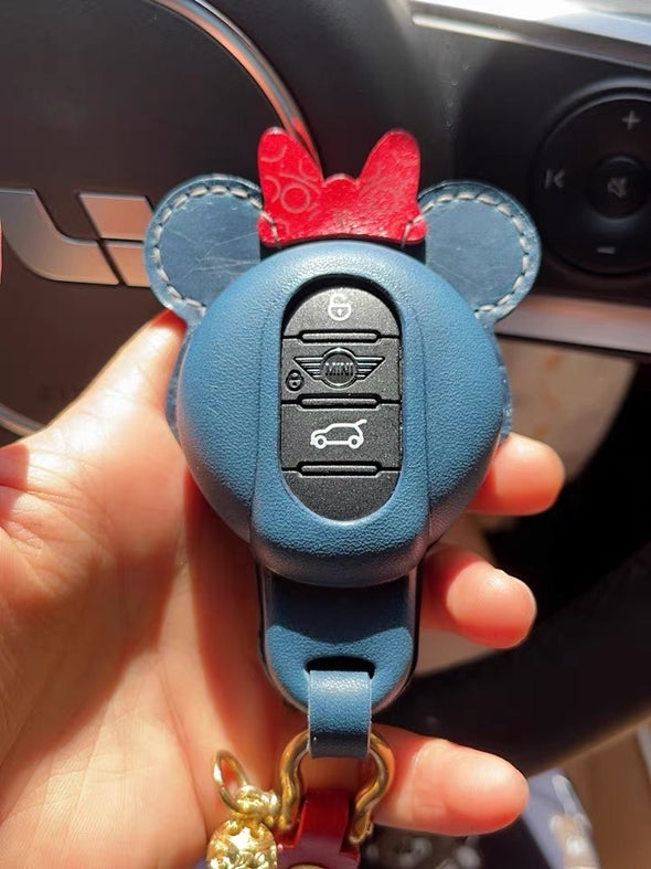 Blue Genuine leather Mini Cooper Mouse Ear Shaped Key Fob Cover Case Protector Red Bow