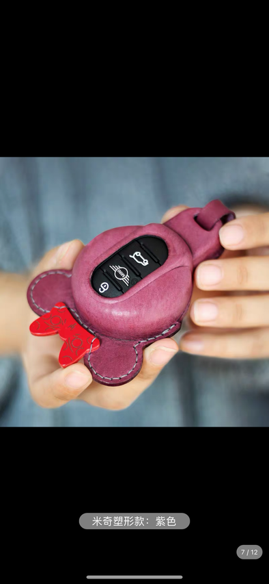 Purple Genuine leather Mini Cooper Mouse Ear Shaped Key Fob Cover Case Protector Red Bow