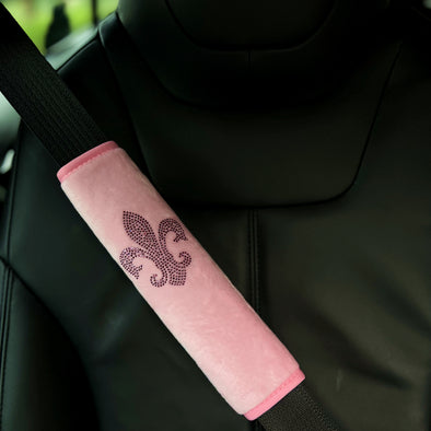 Pink Car Seat Belt Cover with Bling Purple Rhinestone Lily Fleur delis, Safety Belt Shoulder Strap Pad and Sparkling Flower car interior decoration (Pack of 2)