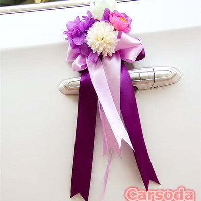 Just Married Car Decoration- Purple Flowers and Bow for Wedding Limousine Door Side - Carsoda - 1