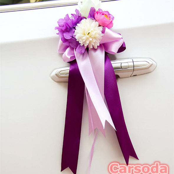 Just Married Car Decoration- Purple Flowers and Bow for Wedding Limousine Door Side - Carsoda - 1