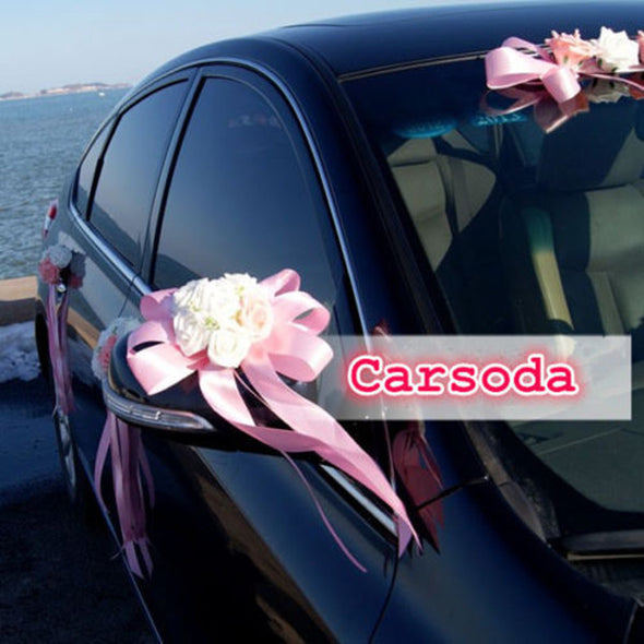 Just Married Car Decoration- Heart Shaped Flowers and Bow for Wedding Limousine Door Side - Carsoda - 1