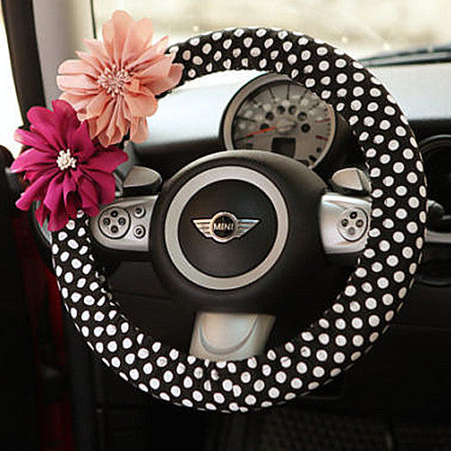 Small Polka Dots Steering wheel cover with Chiffon Flowers - Carsoda - 1
