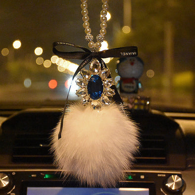 Car Mirror Charm-Crystal Cameo and Fur Ball Rear View Ornament - Carsoda